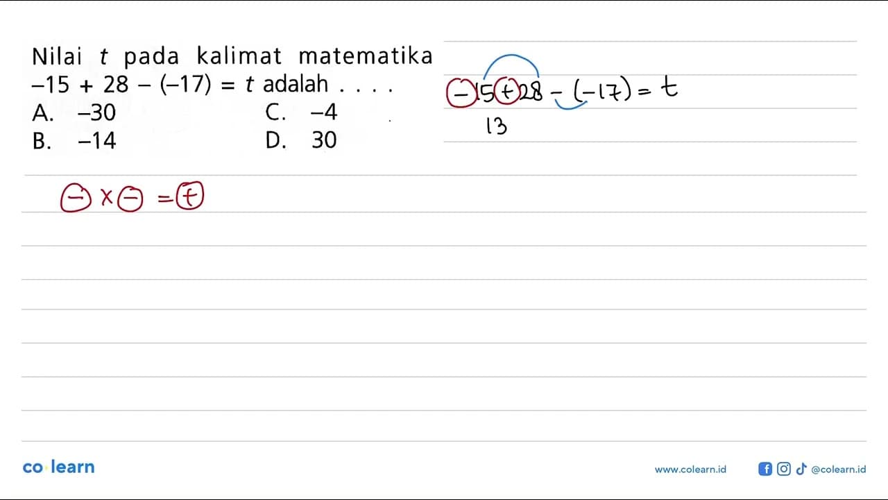 Nilai t pada kalimat matematika -15 + 28 - (-17) = t adalah