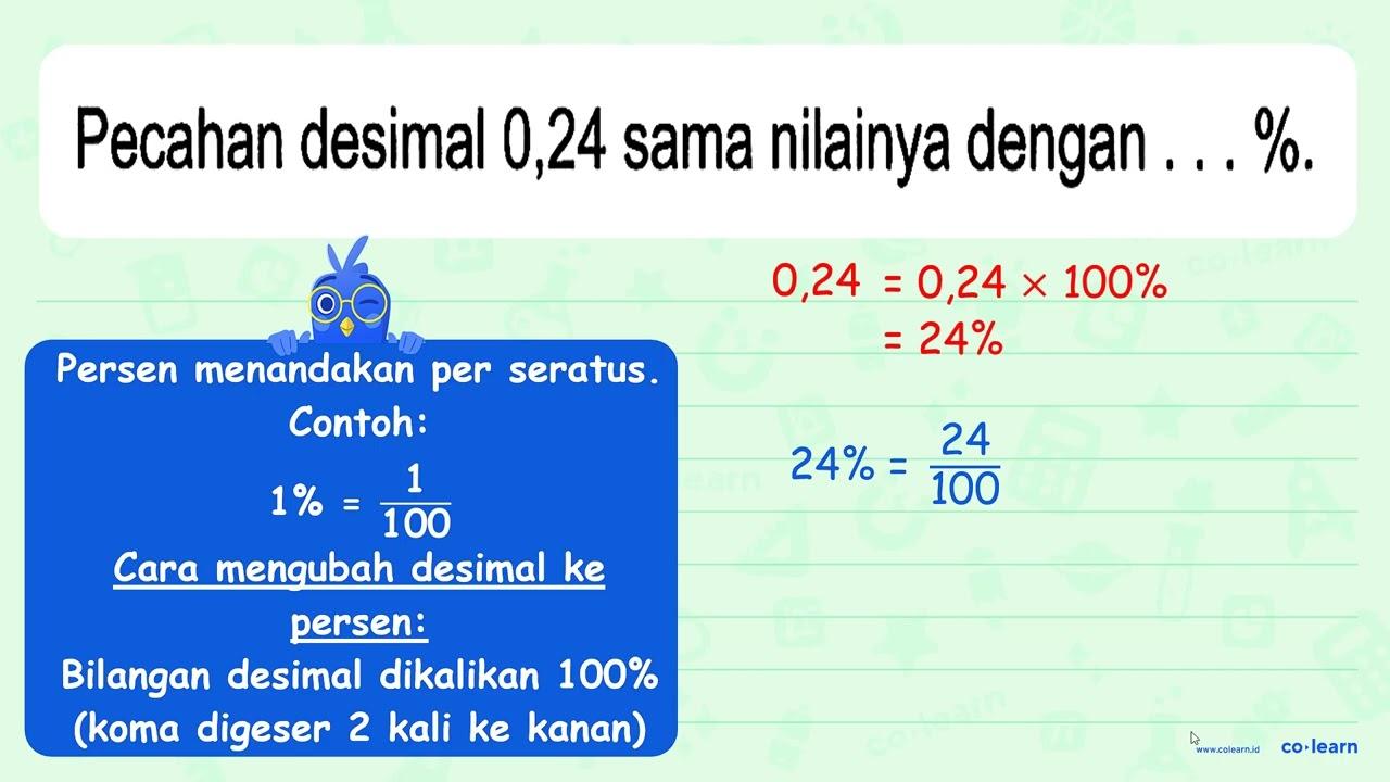 Pecahan desimal 0,24 sama nilainya dengan . . . %.