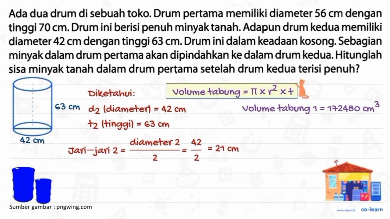 Ada dua drum di sebuah toko. Drum pertama memiliki diameter