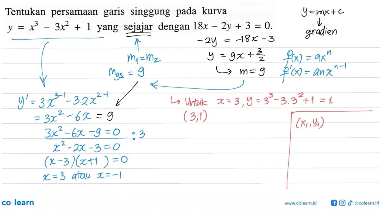 Tentukan persamaan garis singgung pada kurva y=x^3-3x^2+1