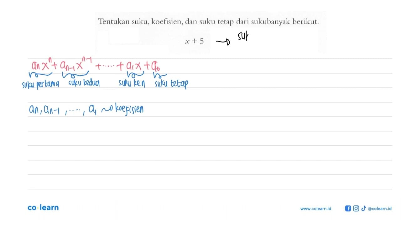 Tentukan suku, koefisien, dan suku tetap dari sukubanyak