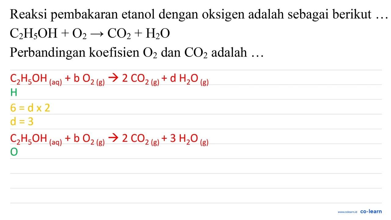 Reaksi pembakaran etanol dengan oksigen adalah sebagai