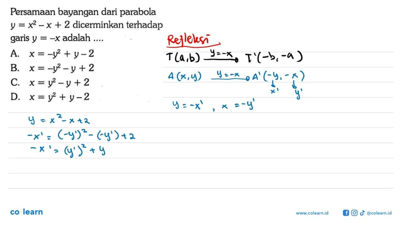 Persamaan bayangan dari parabola y=x^2-x+2 dicerminkan