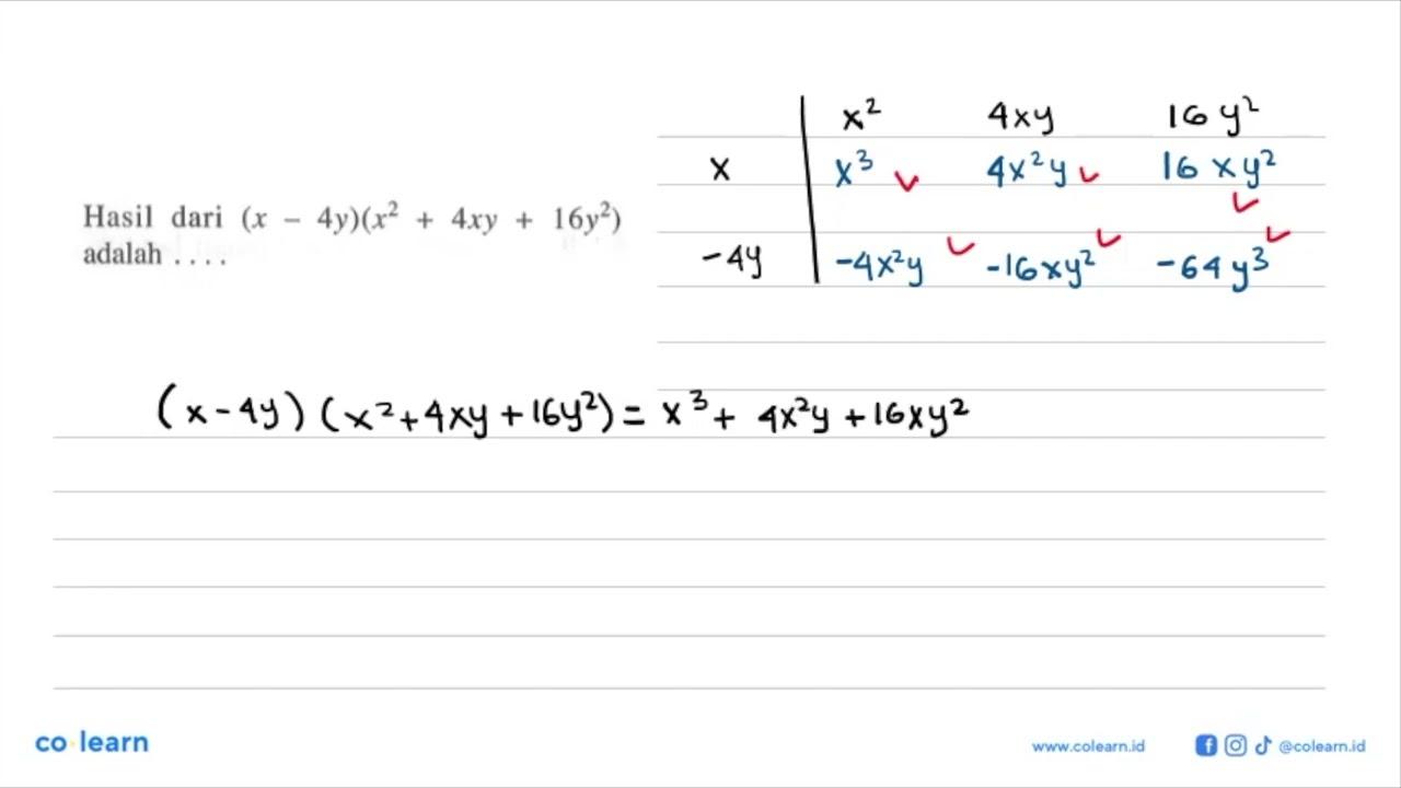 Hasil dari (x - 4y)(x^2 + 4xy + 16y^2) adalah ...