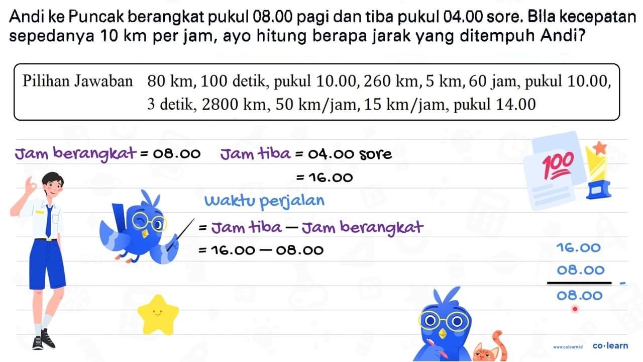 Andi ke Puncak berangkat pukul 08.00 pagi dan tiba pukul