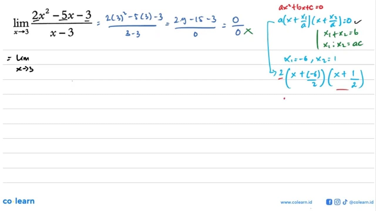 lim x->3 (2x^2-5x-3)/(x-3)