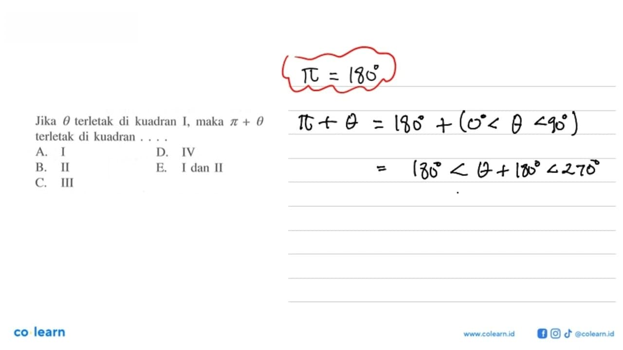 Jika theta terletak di kuadran I, maka pi+theta terletak di