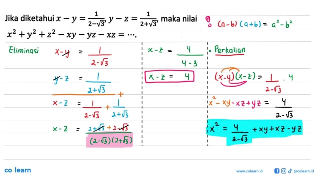 Jika diketahui x-y=1/(2-akar(3)), y-z=1/(2+akar(3)), maka