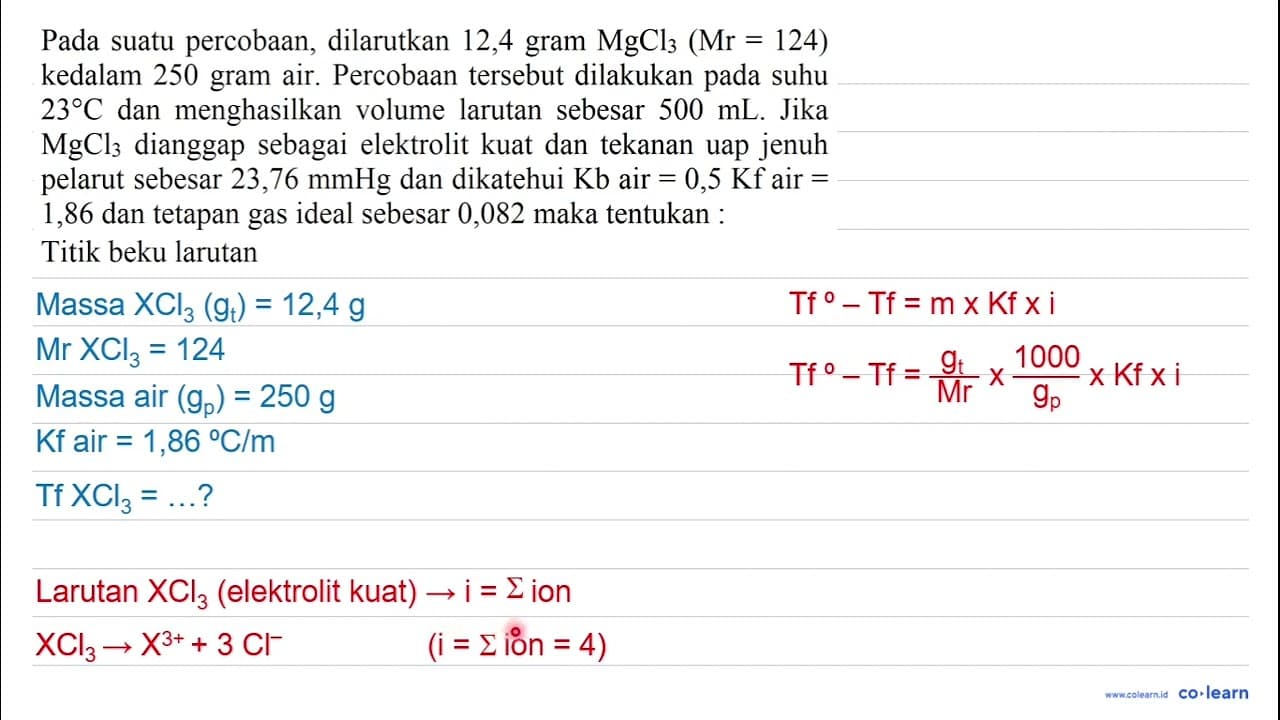 Pada suatu percobaan, dilarutkan 12,4 gram MgCl_(3)(Mr=124)