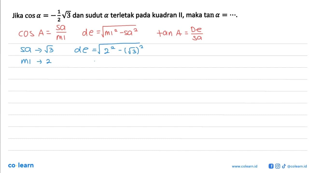 Jika cos alpha=-(1/2)akar(3) dan sudut alpha terletak pada