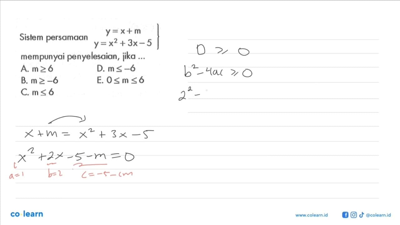 Sistem persamaan y=x+m y=x^2+3x-5 mempunyai penyelesaian,