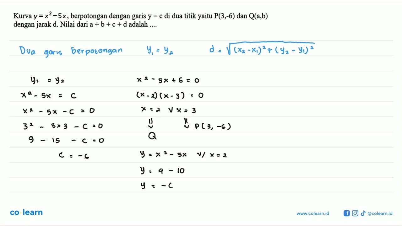 Kurva y=x^2-5x, berpotongan dengan garis y=c di dua titik