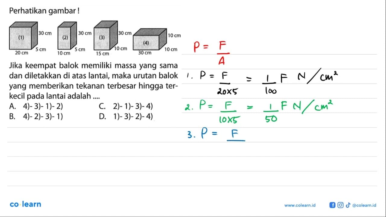 Perhatikan gambar!Jika keempat balok memiliki massa yang