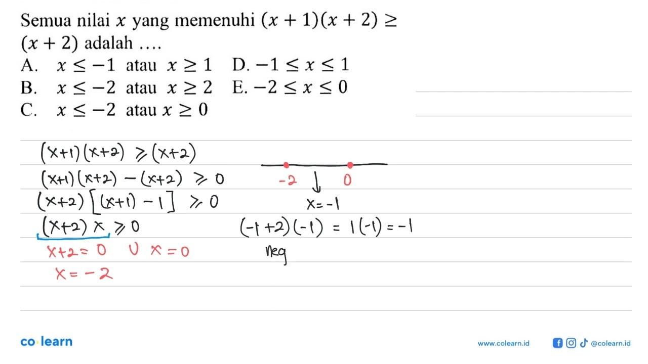 Semua nilai x yang memenuhi (x + 1)(x + 2) >= (x + 2)