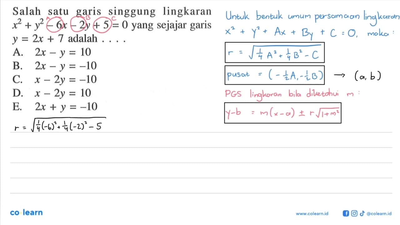 Salah satu garis singgung lingkaran x^2+y^2-6x-2y+5=0 yang