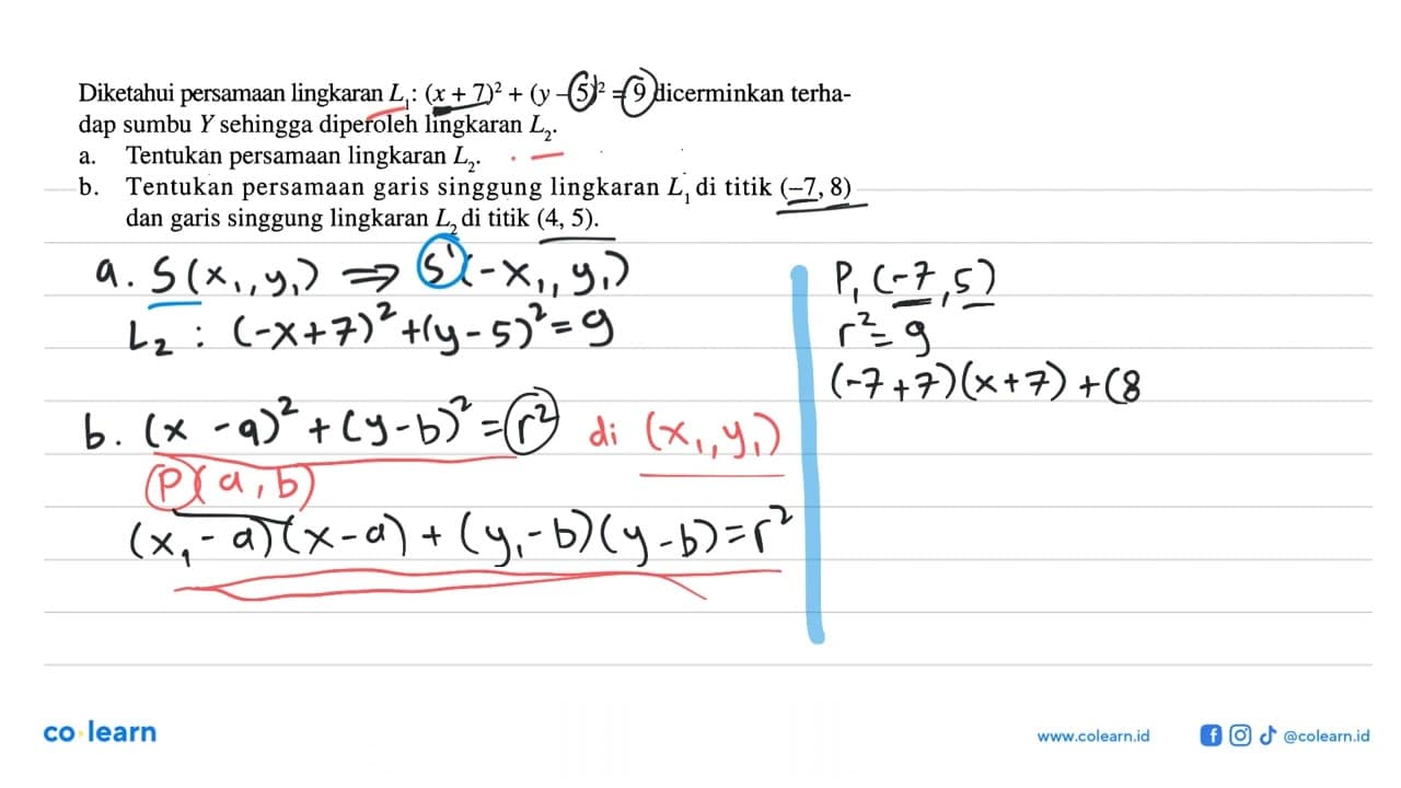 Diketahui persamaan lingkaran L1:(x+7)^2+(y-5)^2=9