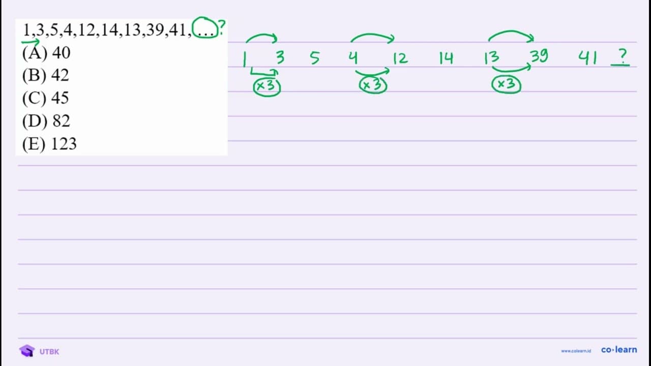 1,3,5,4,12,14,13,39,41, ... (A) 40 (B) 42 (C) 45 (D) 82 (E)