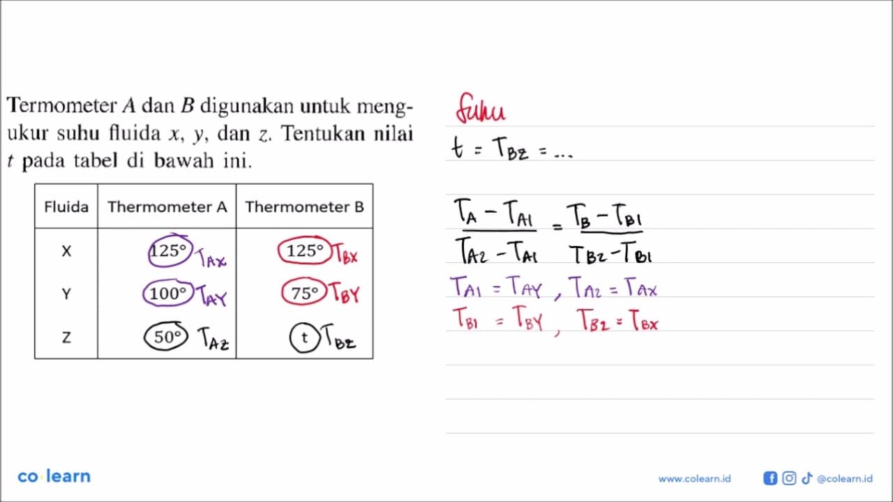 Termometer A dan B digunakan untuk mengukur suhu fluida x,