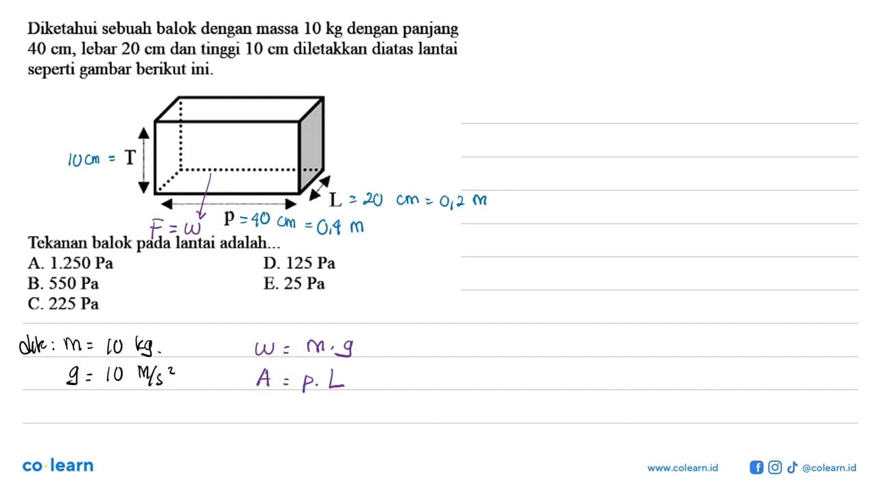 Diketahui sebuah balok dengan massa 10 kg dengan panjang 40