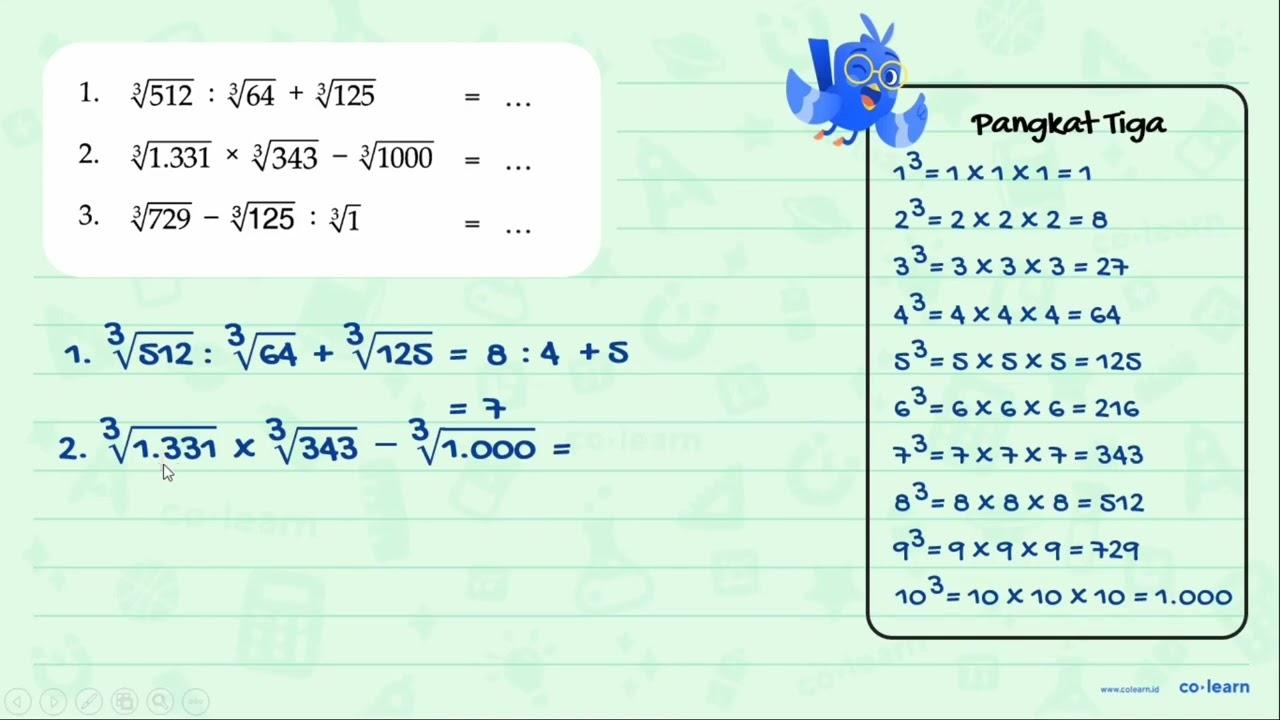 1. 512^(1/3) : 64^(1/3) + 125^(1/3) = ... 2. 1.331^(1/3) x