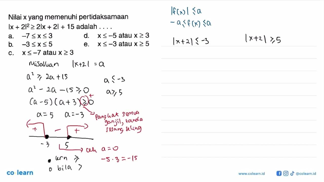 Nilai x yang memenuhi pertidaksamaan |x+2|^2>=2|x+2|+15