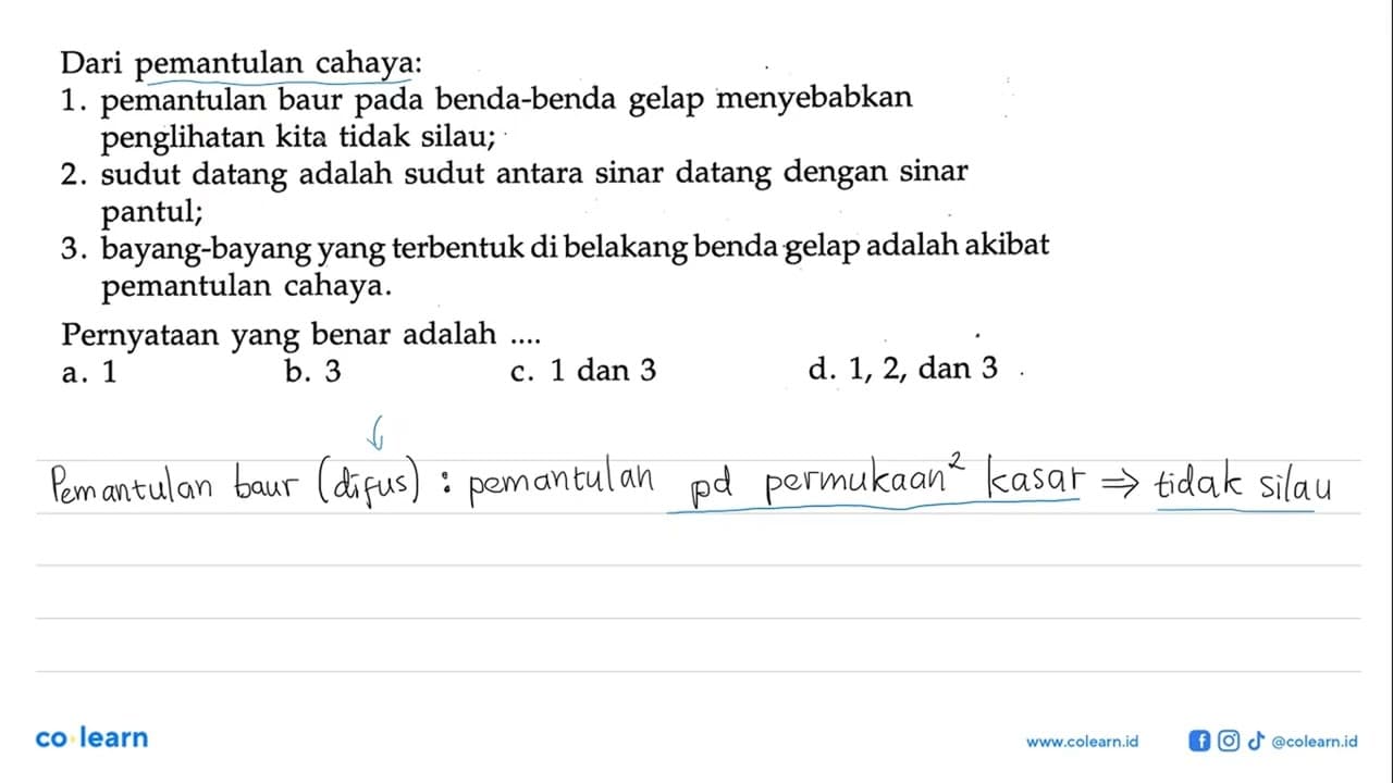 Dari pemantulan cahaya: 1. pemantulan baur pada benda-benda