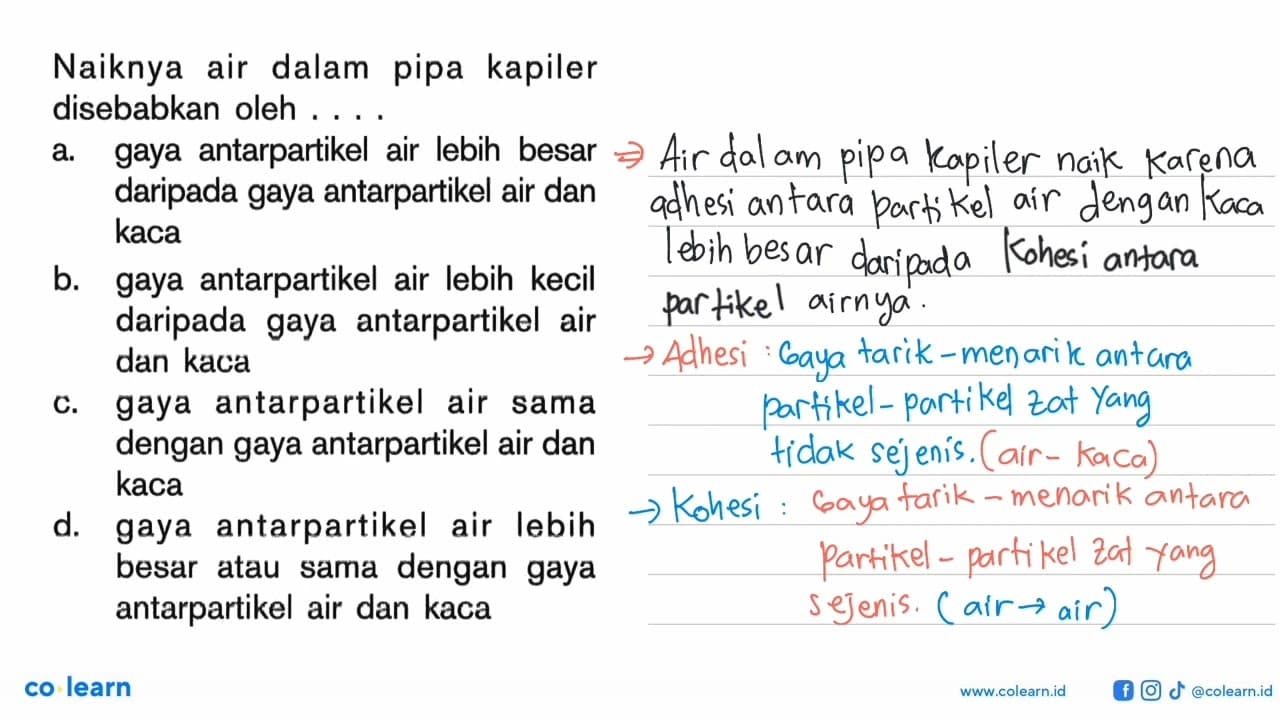 Naiknya air dalam pipa kapiler disebabkan oleh ....