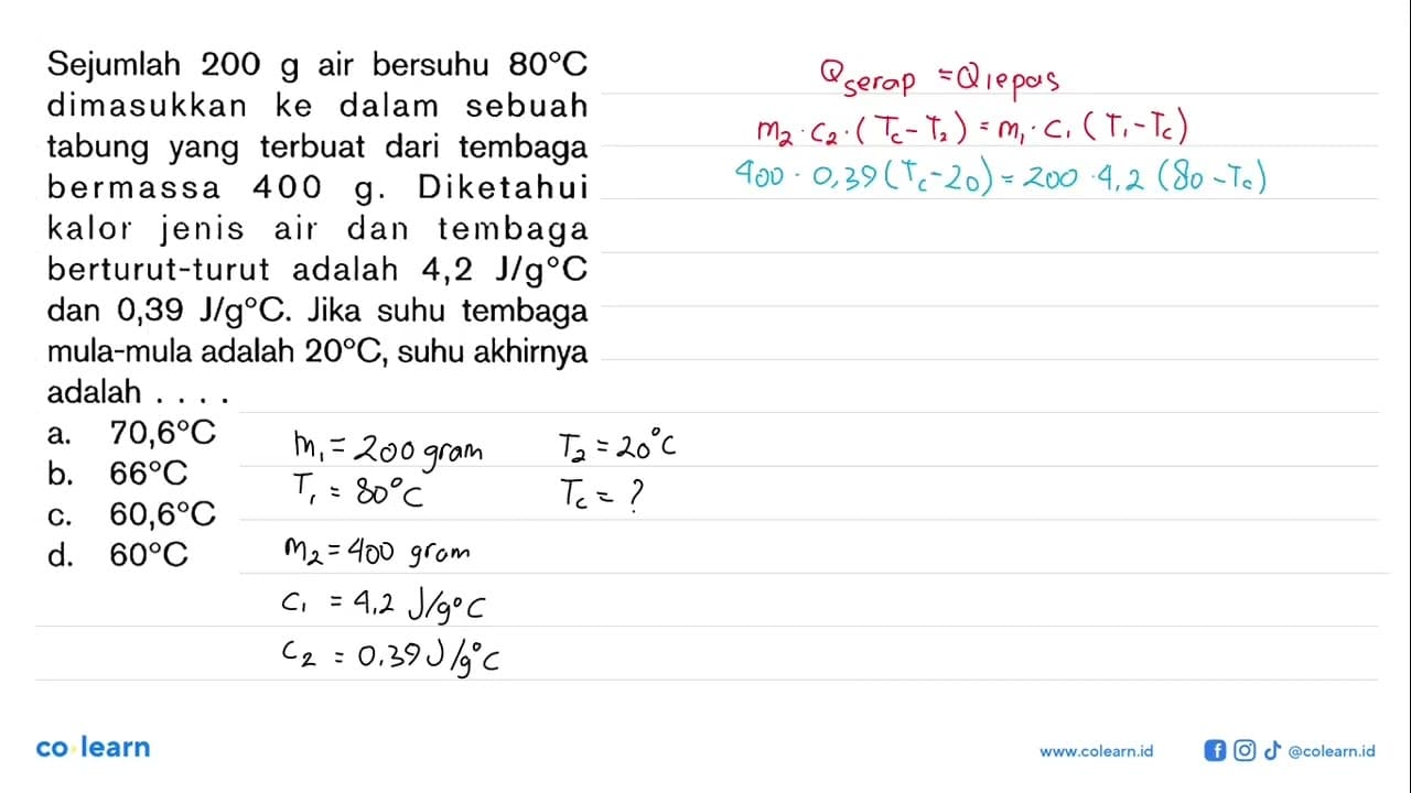 Sejumlah 200 g air bersuhu 80 C dimasukkan ke dalam sebuah