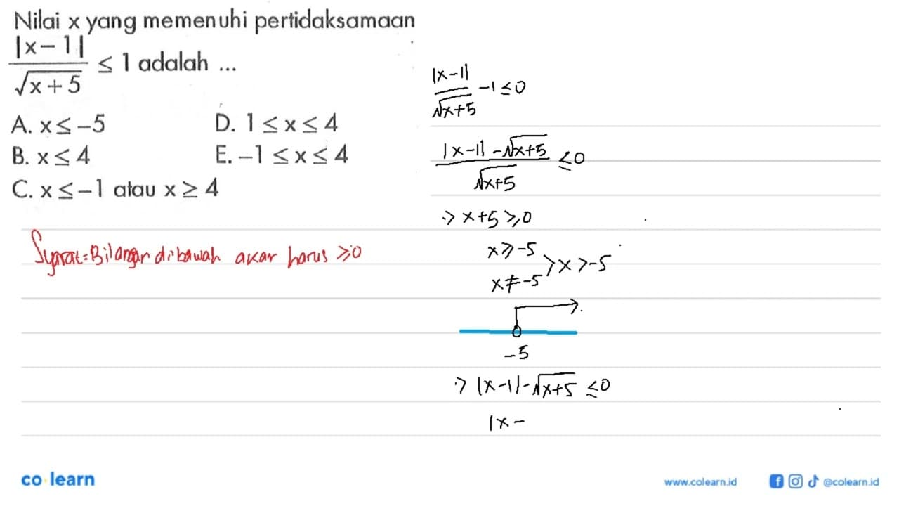 Nilai x yang memenuhi pertidaksamaan |x-1|/(akar(x+5))<=1