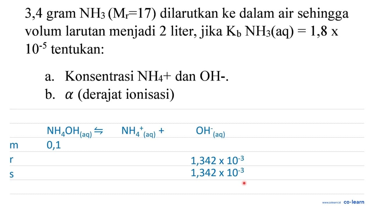 3,4 gram NH_(3)(M_(r)=17) dilarutkan ke dalam air sehingga