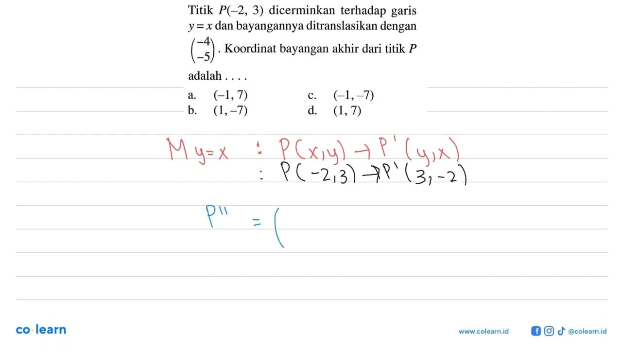 Titik P(-2,3) dicerminkan terhadap garis y=x dan