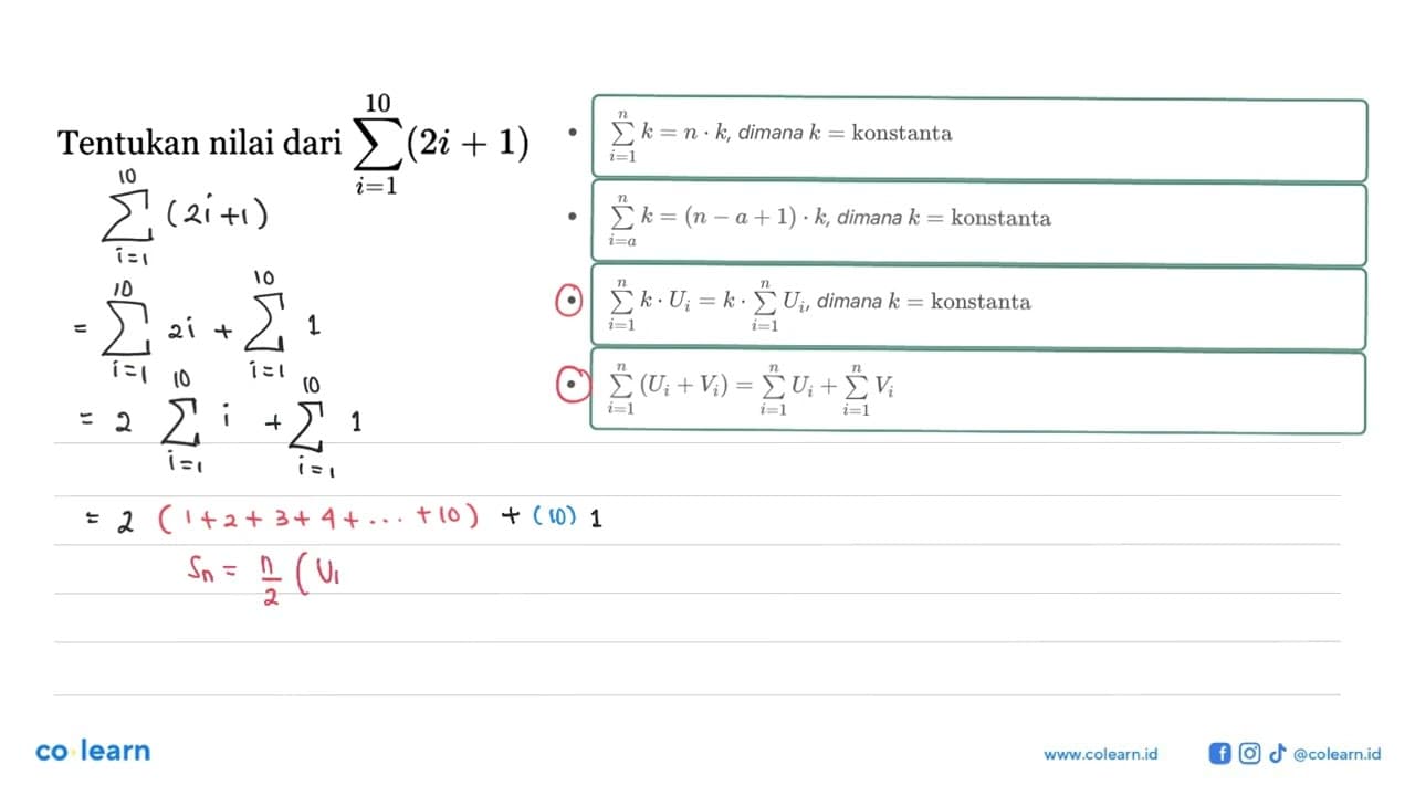 Tentukan nilai dari sigma i=1 10 (2i+1)