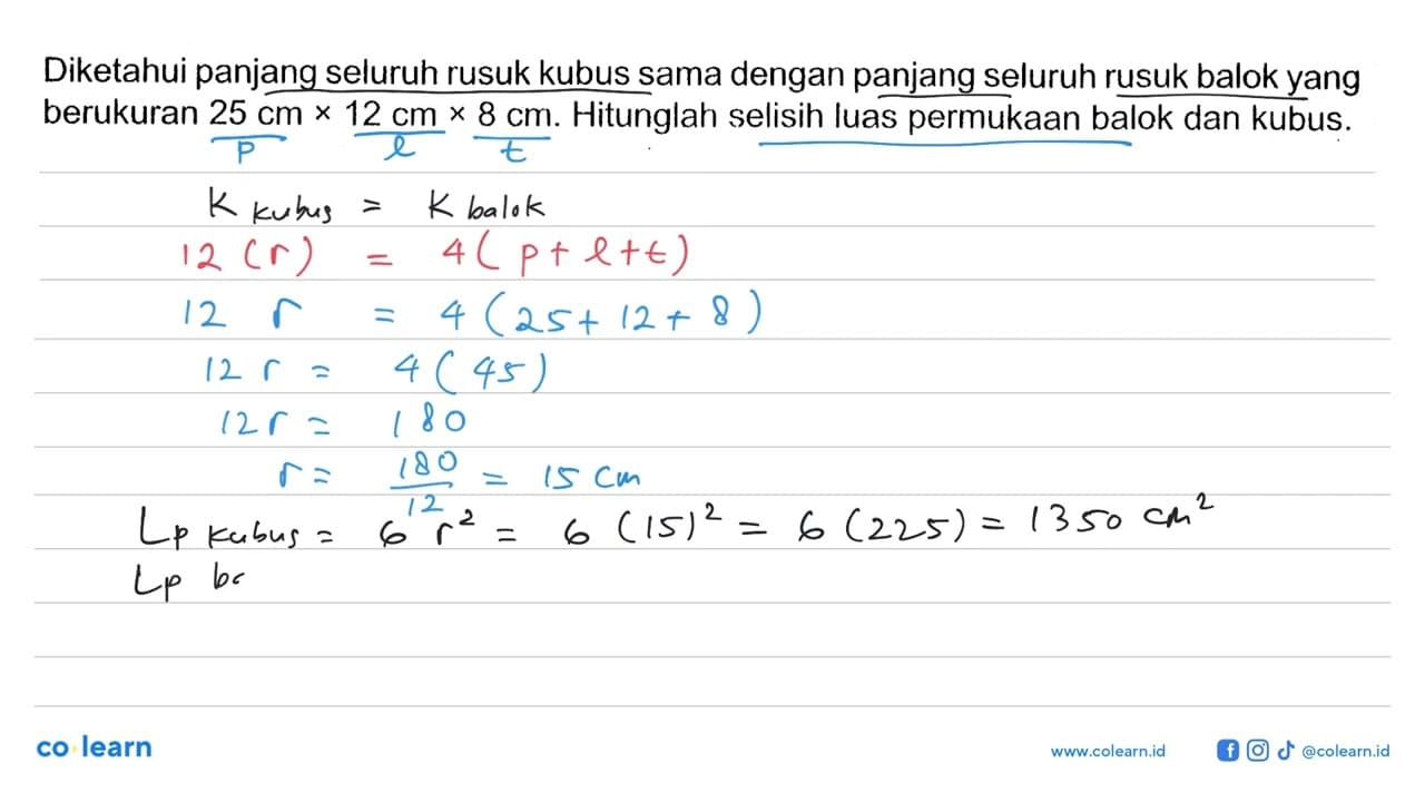 Diketahui panjang seluruh rusuk kubus sama dengan panjang