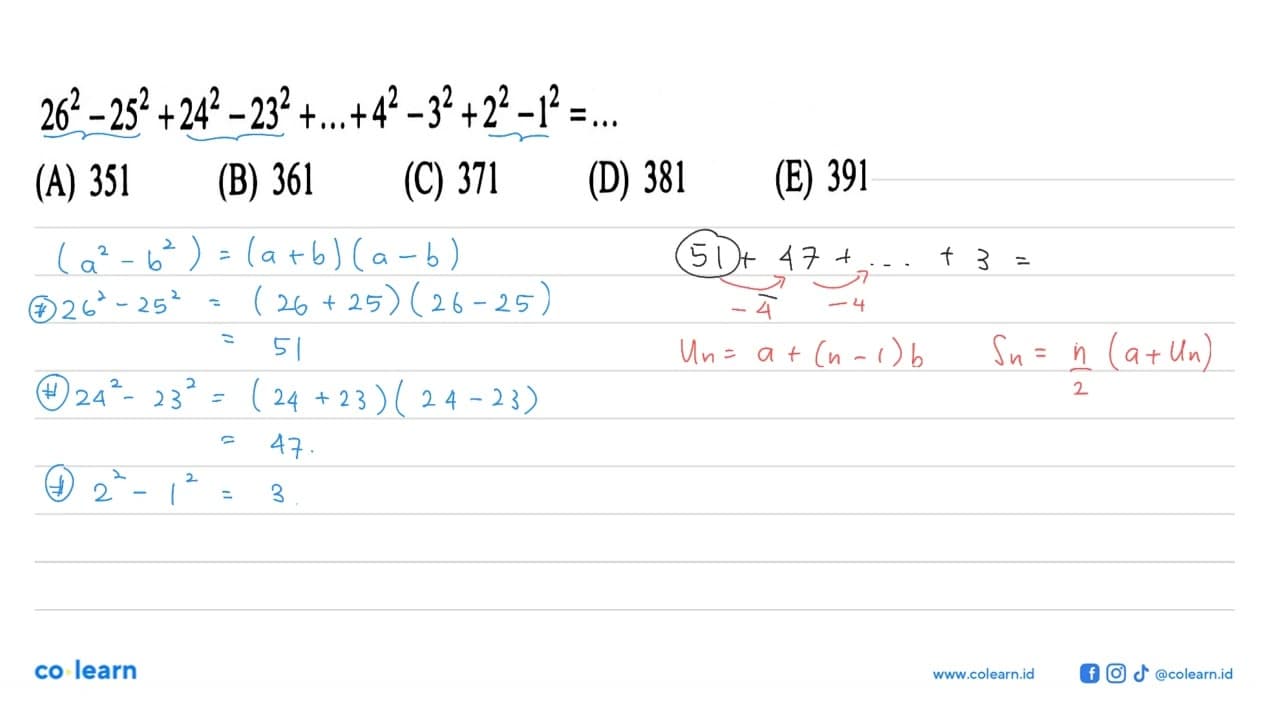 26^2-25^2+24^2-23^2+...+4^2-3^2+2^2-1^2 = ...