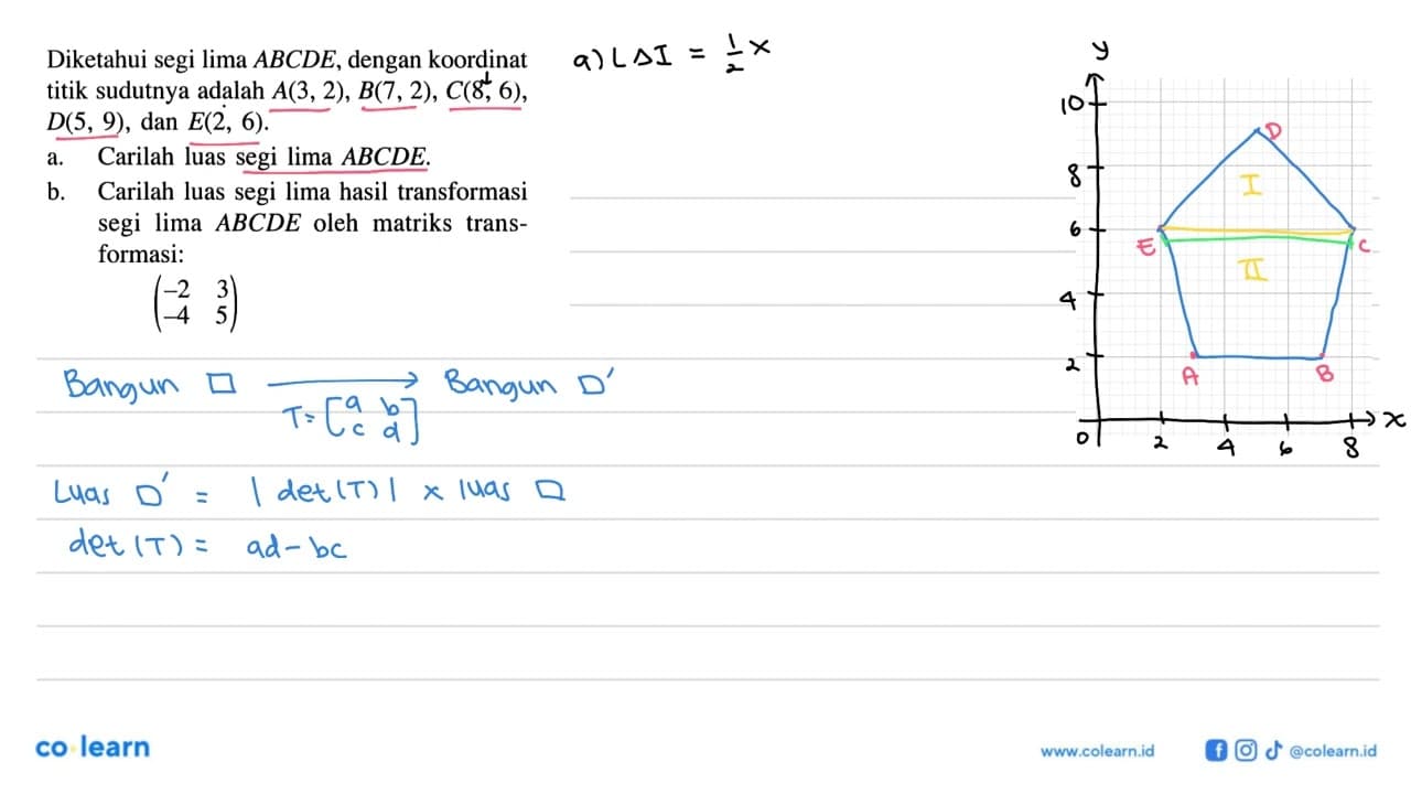 Diketahui segi lima ABCDE, dengan koordinat titik sudutnya