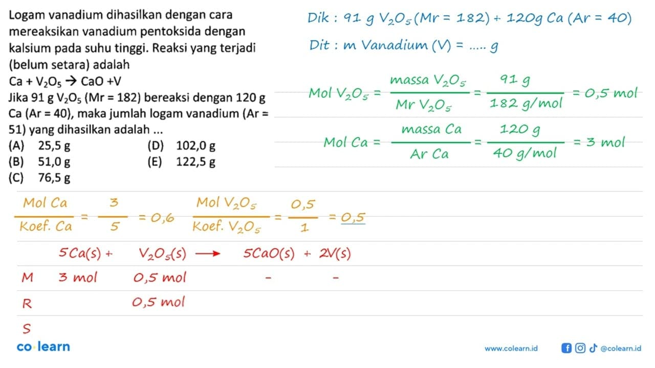 Logam vanadium dihasilkan dengan cara mereaksikan vanadium