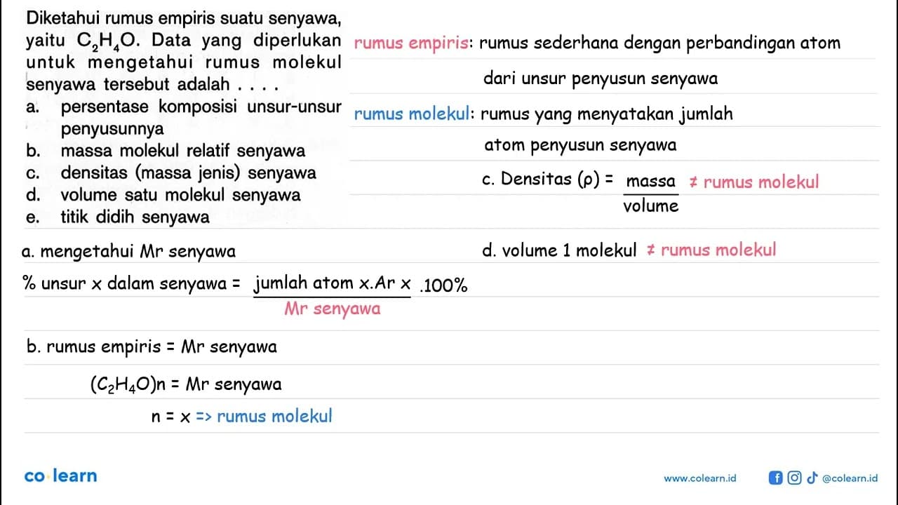 Diketahui rumus empiris suatu senyawa, yaitu C2H4O. Data