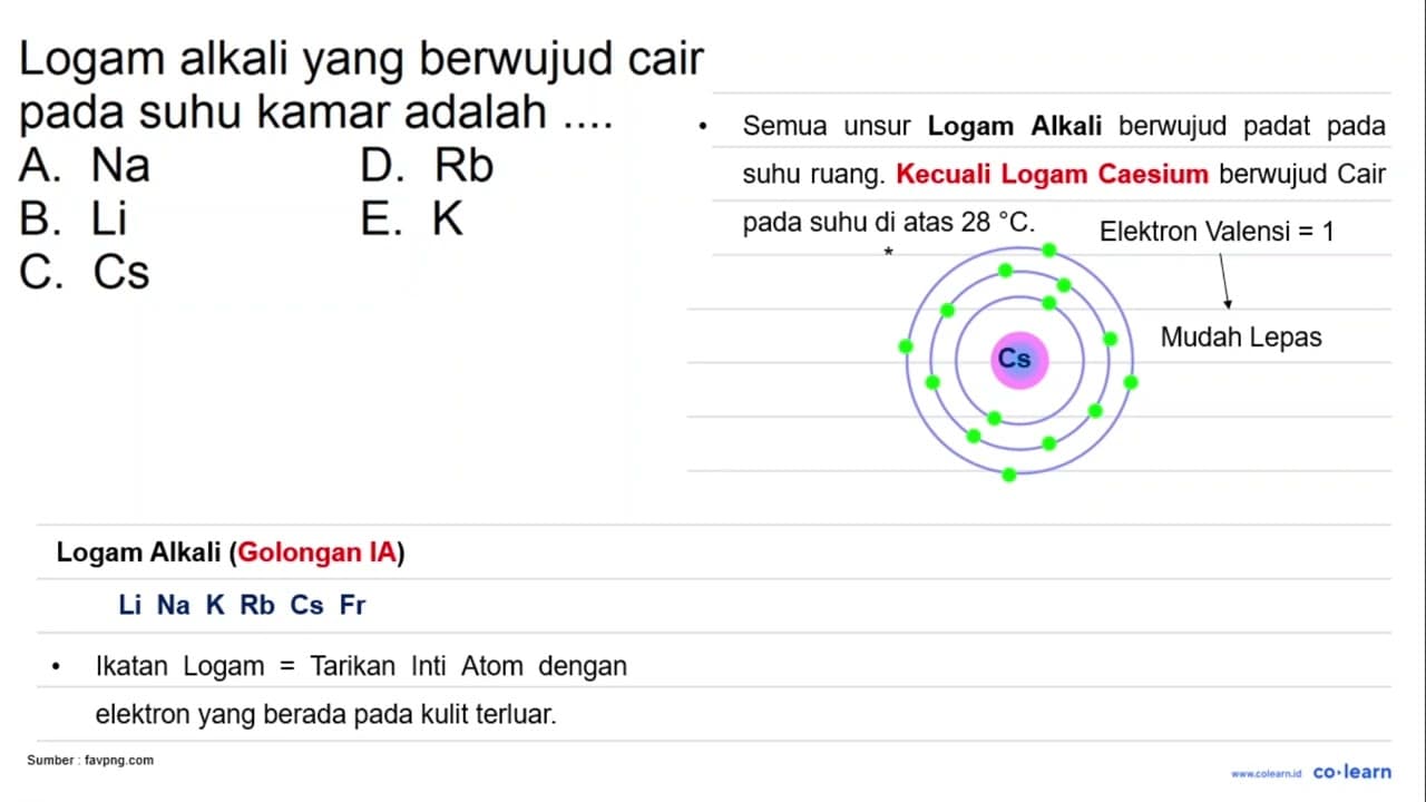 Logam alkali yang berwujud cair pada suhu kamar adalah ....