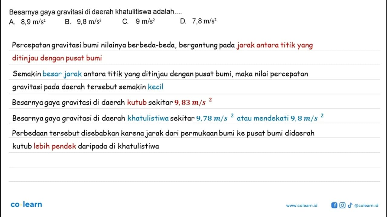 Besarnya gaya gravitasi di daerah khatulitiswa adalah....