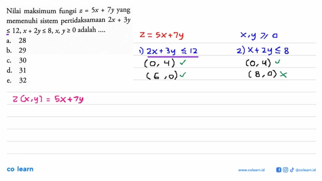 Nilai maksimum fungsi z=5x+7y yang pertidaksamaan memenuhi