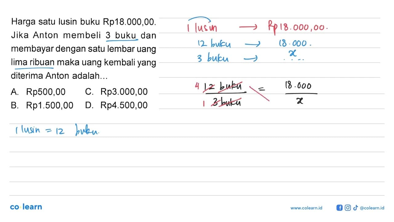 Harga satu lusin buku Rp18.000,00. Jika Anton membeli 3