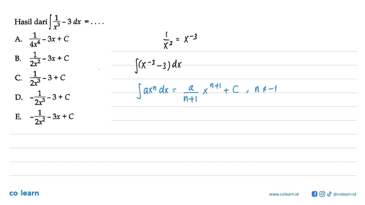 Hasil dari integral 1/x^3-3 dx=...