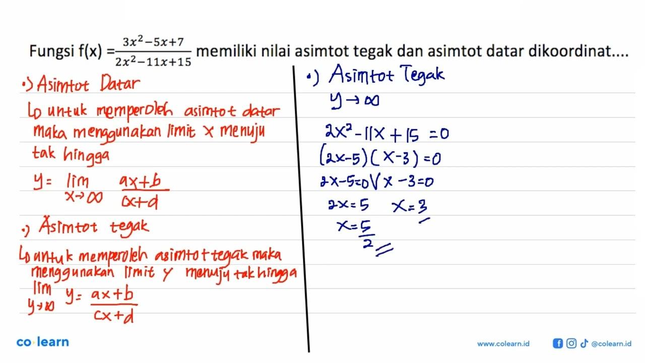 Fungsi f(x) = (3x^2 - 5x + 7)/(2x^2 - 11x + 15) memiliki