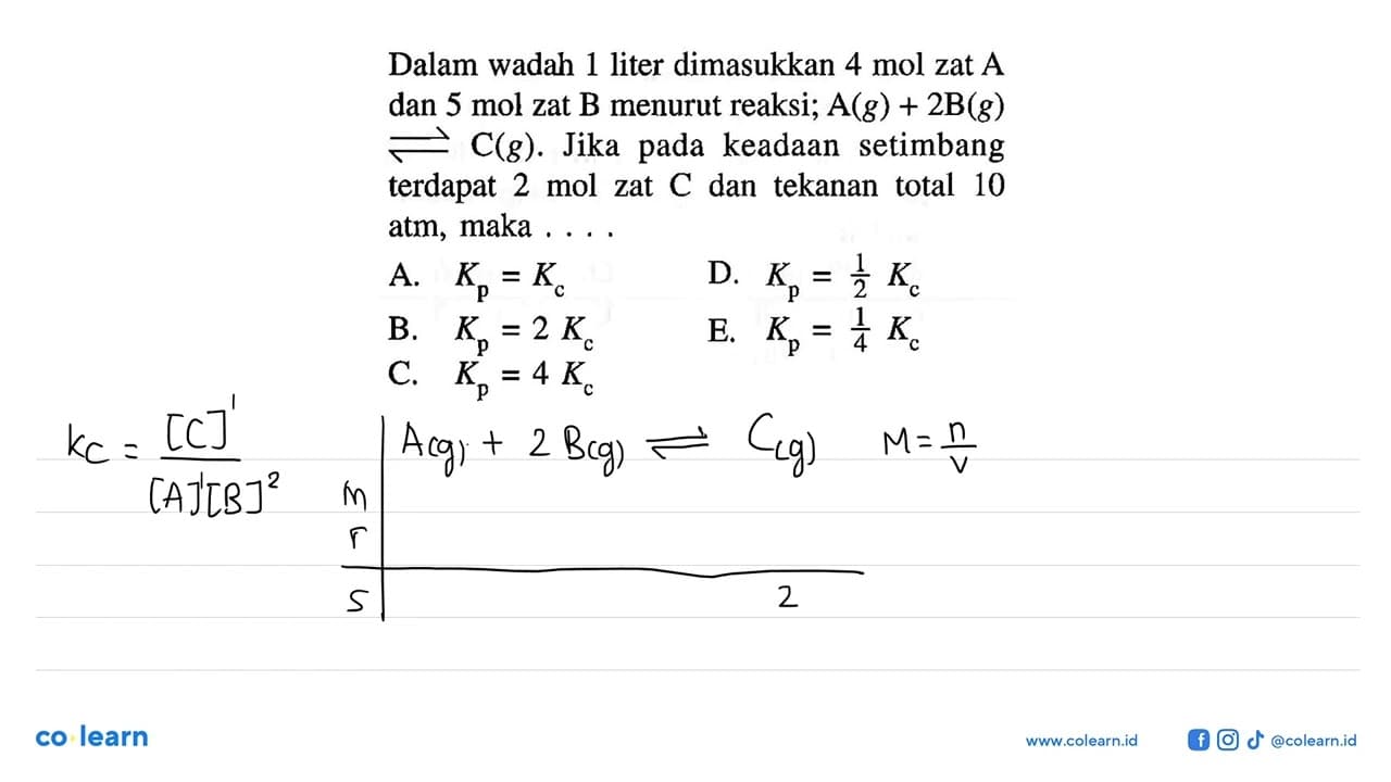 Dalam wadah 1 liter dimasukkan 4 mol zat A dan 5 mol zat B