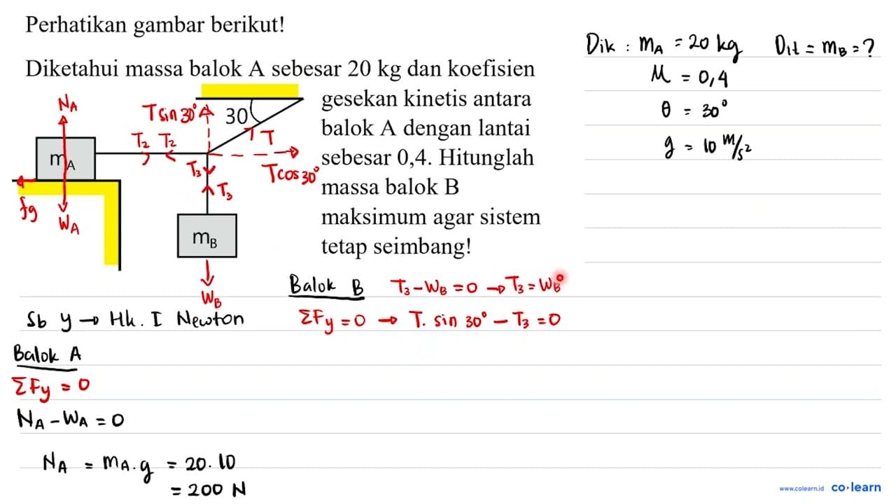 Perhatikan gambar berikut! Diketahui massa balok A sebesar