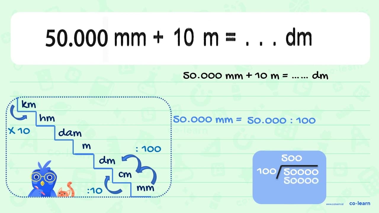 50.000 mm + 10 m = . . . dm