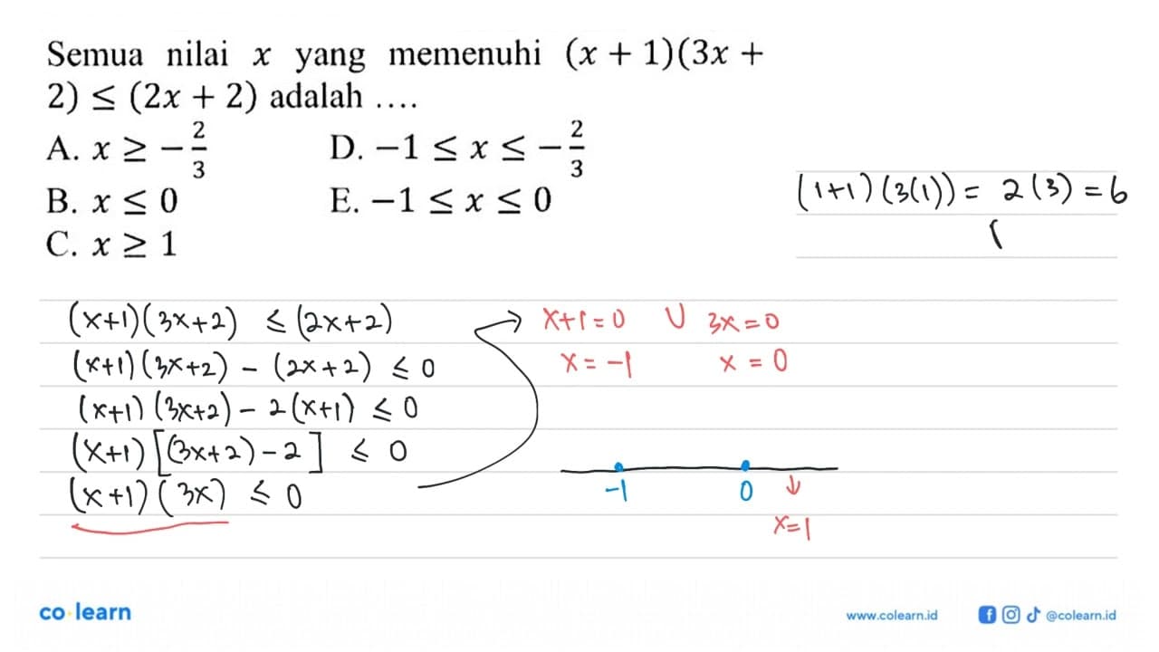 Semua nilai x yang memenuhi (x+1)(3x+2)<=(2x+2) adalah ...