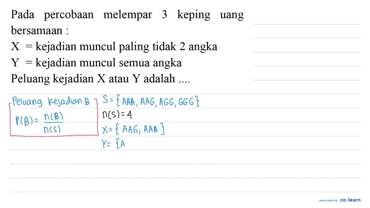Pada percobaan melempar 3 keping uang bersamaan : X=