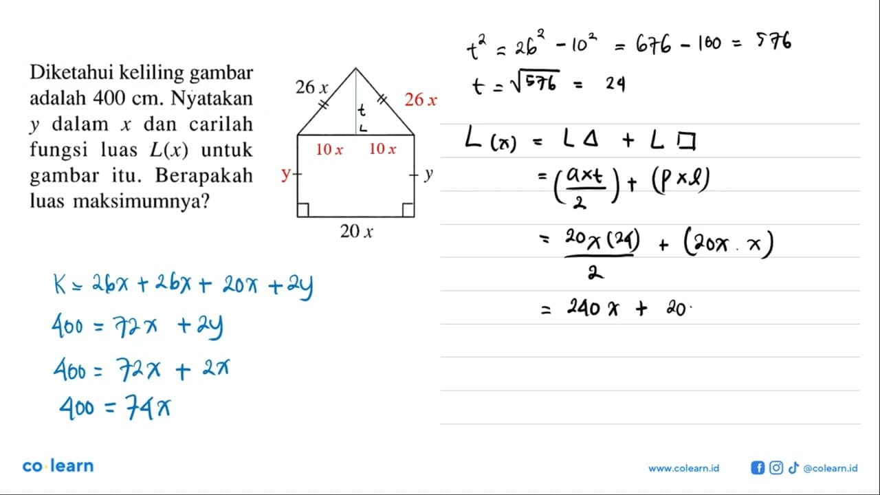 26x y 20x Diketahui keliling gambar adalah 400 cm. Nyatakan