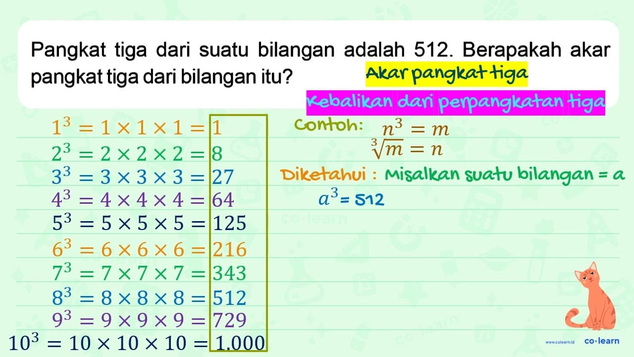 Pangkat tiga dari suatu bilangan adalah 512. Berapakah akar